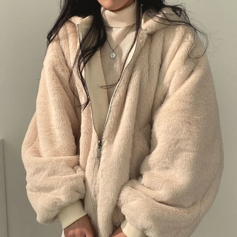Korean Casual Cashmere Padded Double-Sided Lamb Wool Cotton-Padded Jacket Y2K Zipper Hooded Cotton-Padded Jackets Coat