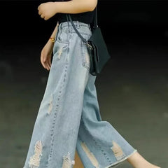 Retro Faded Hole Denim Jeans Thin High Waist Loose Wide Leg Pants Small Size Seven Casual Pants