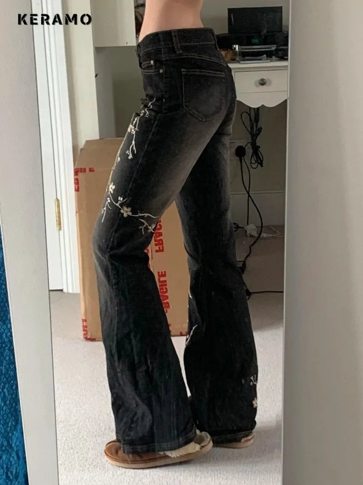 Weekeep Floral Embroidery Jeans Vintage 2000s Low Rise Flared Jeans Retro y2k Baggy Denim Pants High Street Basic Trousers