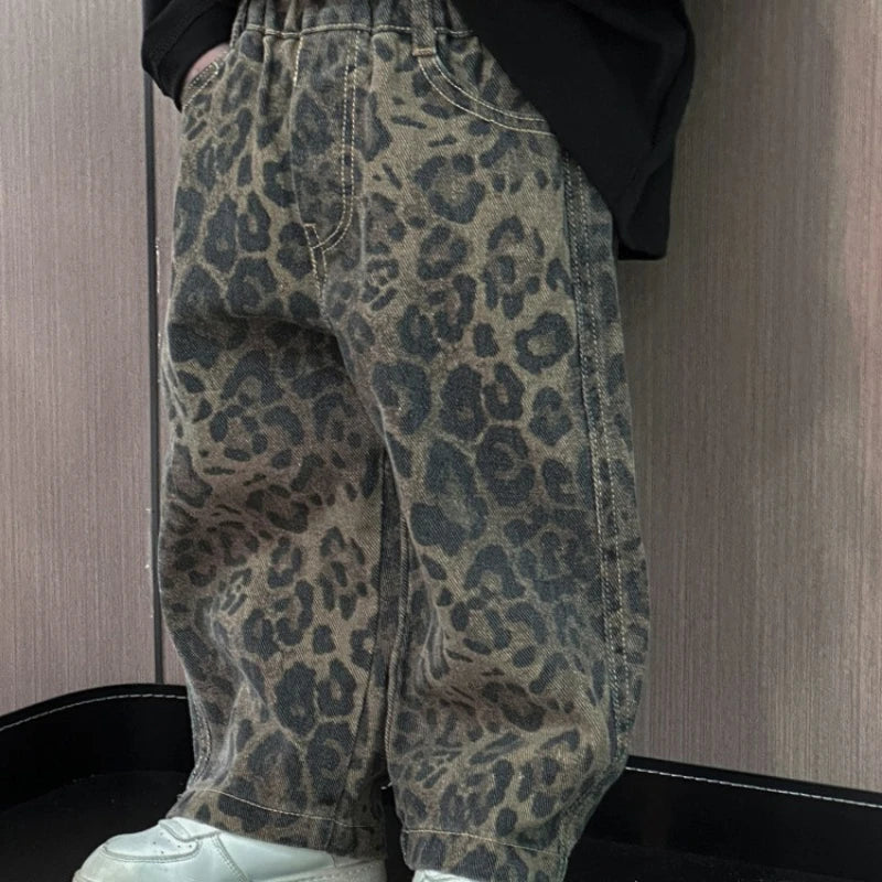 Hip Hop Casual Loose Children's Pants Children's Pure Cotton Leopard Pattern Jeans Trendy Casual Pants