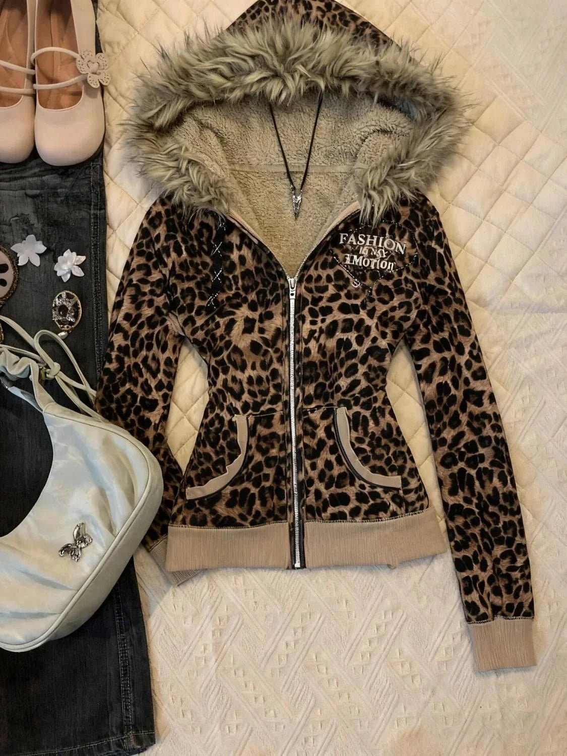 Y2K Girl Harajuku Vintage Leopard Print Slim Fit Sweatshirt Gothic Fur Collar Zipper Long Sleeve Hoodie