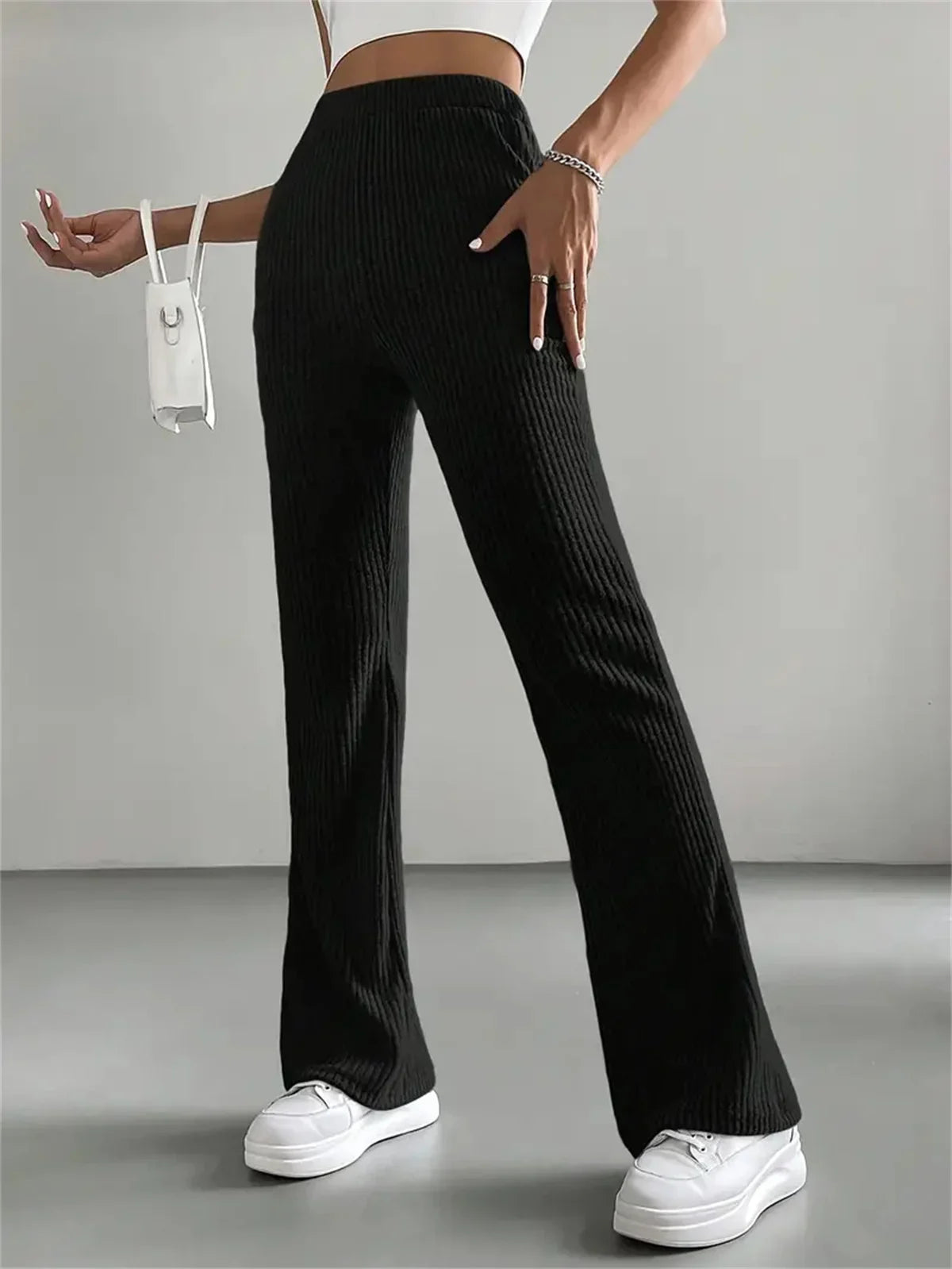 Ribbed Knitted Flare Pant Fashon Slim Solid High Waist Trousers Casual Street Vintage Chic Pants