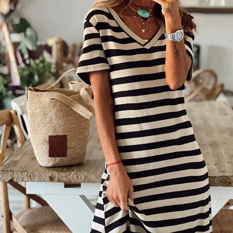 loose striped printed long dress with slits on both sides