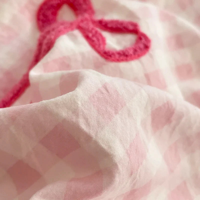 Korean Style Bedding Sets Pink Grid Bow Quilt Cover Romantic Bed Sheet Sets Girls Bedroom Duvet Cover 4pcs