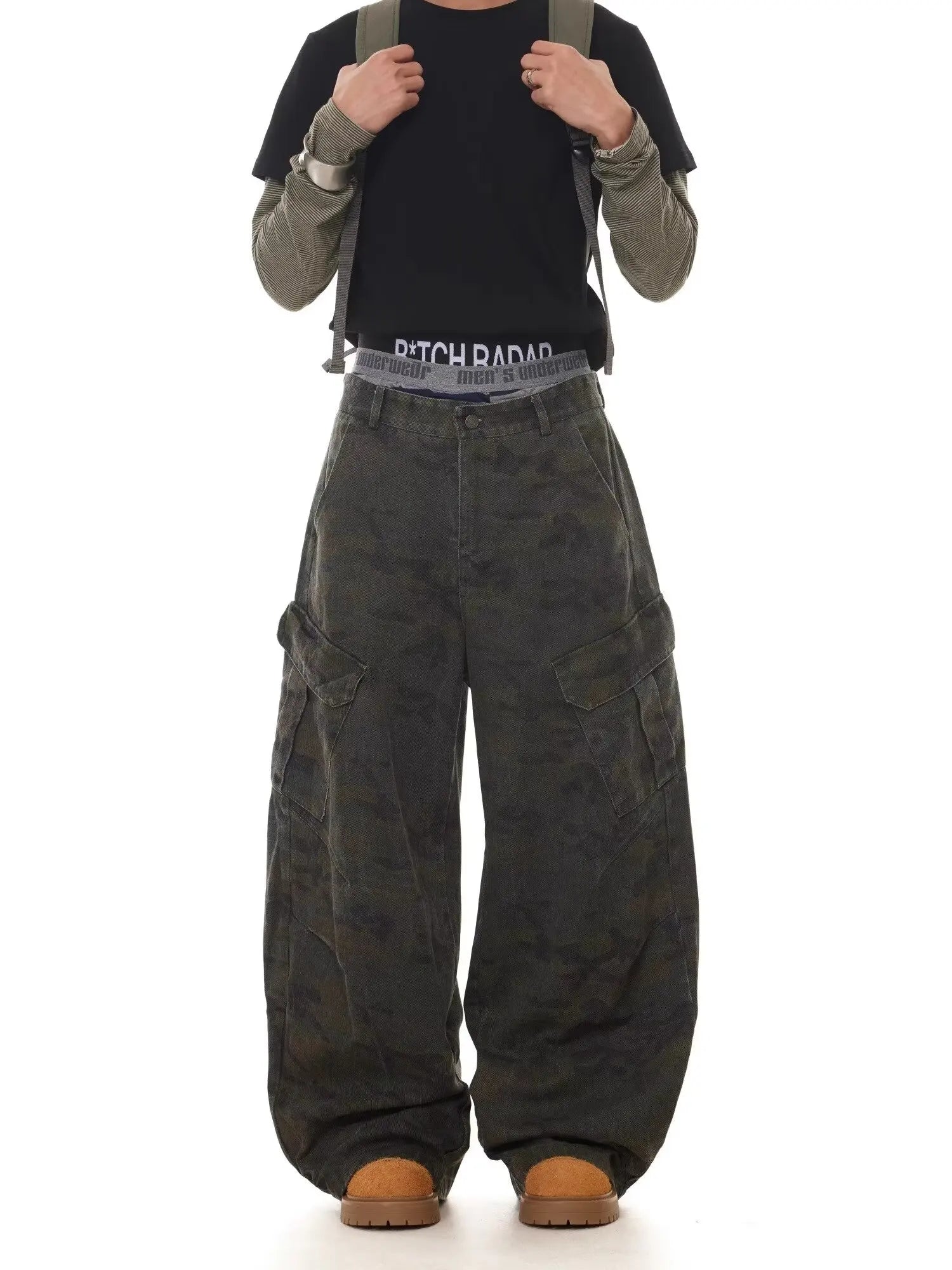 Relaxed Wide-Leg Scissor-Cut Casual Pants American Vintage Multi-Pocket Camouflage Silhouette Curved-Leg Jeans