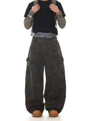 Relaxed Wide-Leg Scissor-Cut Casual Pants American Vintage Multi-Pocket Camouflage Silhouette Curved-Leg Jeans