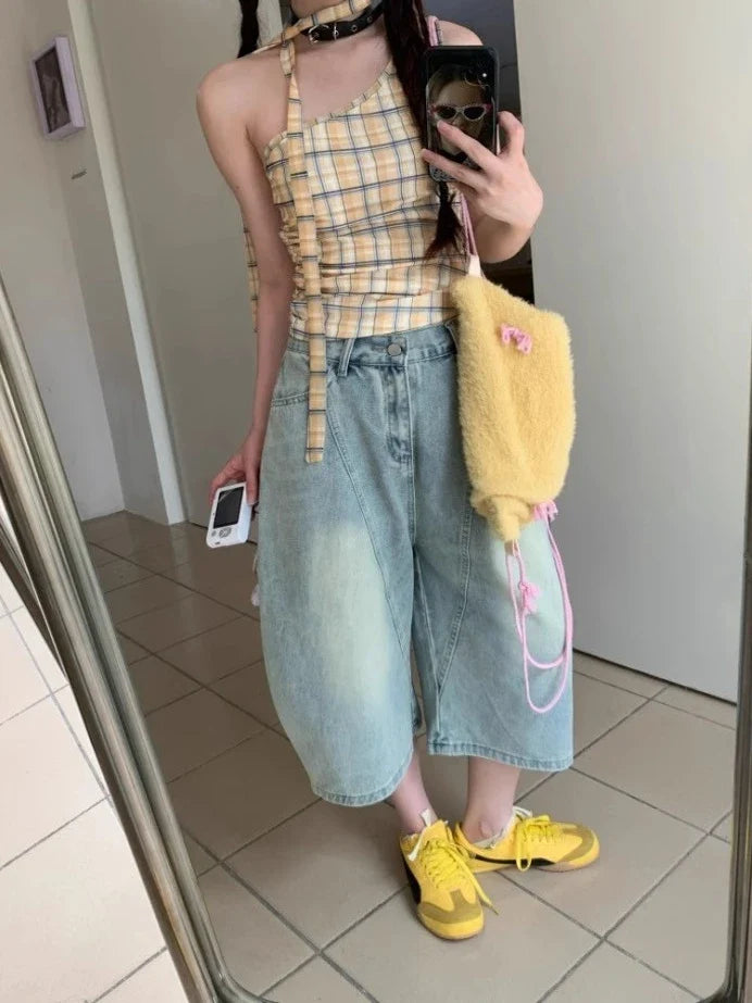 Vintage Style Harajuku Blue Jeans Y2K Punk Street Baggy Denim Trouser Casual Mop Calf Length Pants