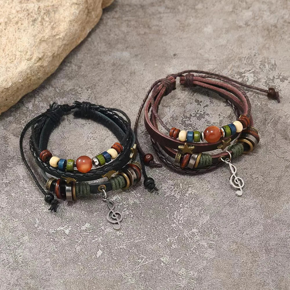Handmade Hippie Design Brown Leather Bracelet Metal Star Note Charms Wood Button Beads Wrap Unisex Adjustable Bracelet