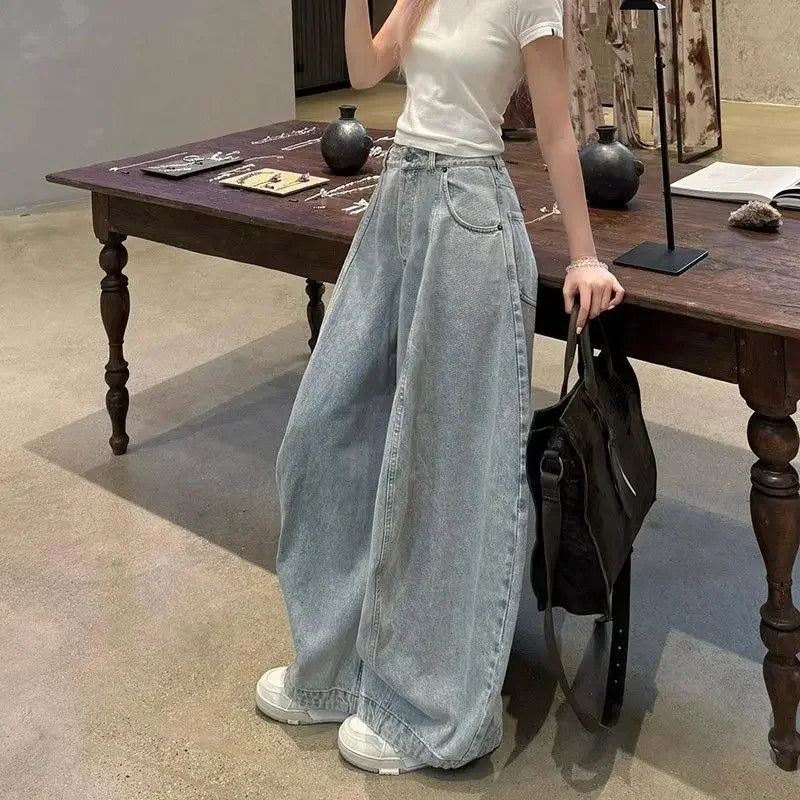 American Washed Loose Wide Leg Knife Edge Jeans High Waist Loose Slimming Floor Length Pants