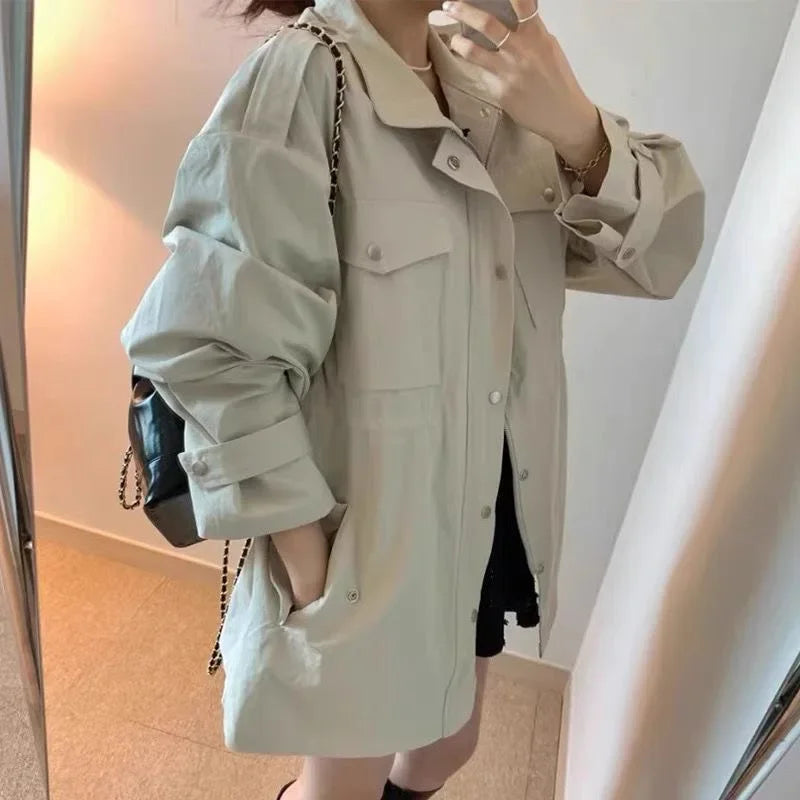 Korean Chic Vintage Lapel Zipper Style Windbreaker Polyester Fiber Full Sleeve Versatile Slimming Pleated Waist