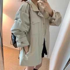 Korean Chic Vintage Lapel Zipper Style Windbreaker Polyester Fiber Full Sleeve Versatile Slimming Pleated Waist