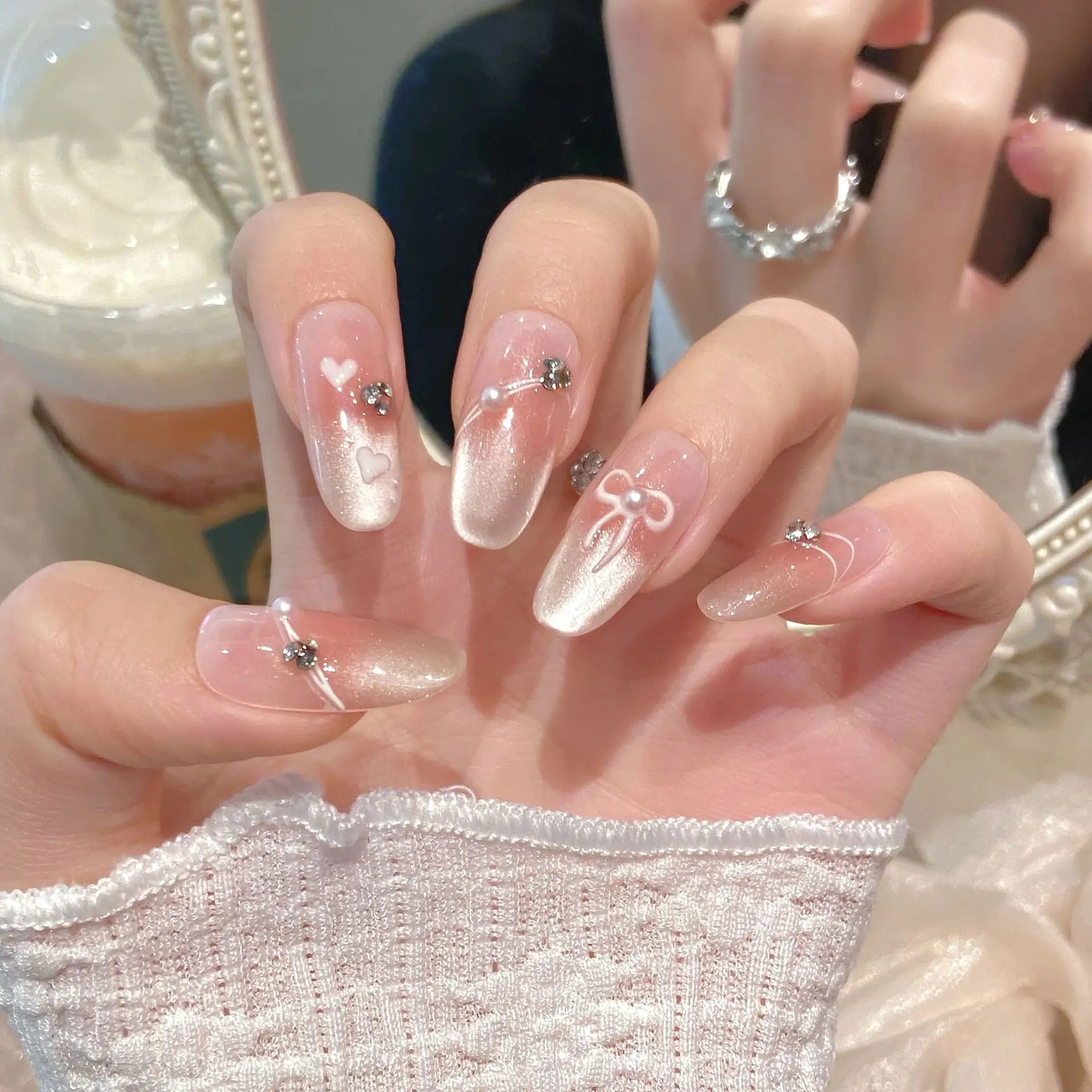 10pcs Simple Handmade Fake Nail Tip Gradient Pink Design False Nail Art Reusable French Cat's Eye Mid-length Oval Press on Nails