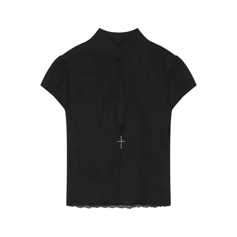 Y2k American Girls Two-Piece Suit Hollow Lace Mesh Shirt Irregular Mini Shirt Retro Causal Skirt Suits