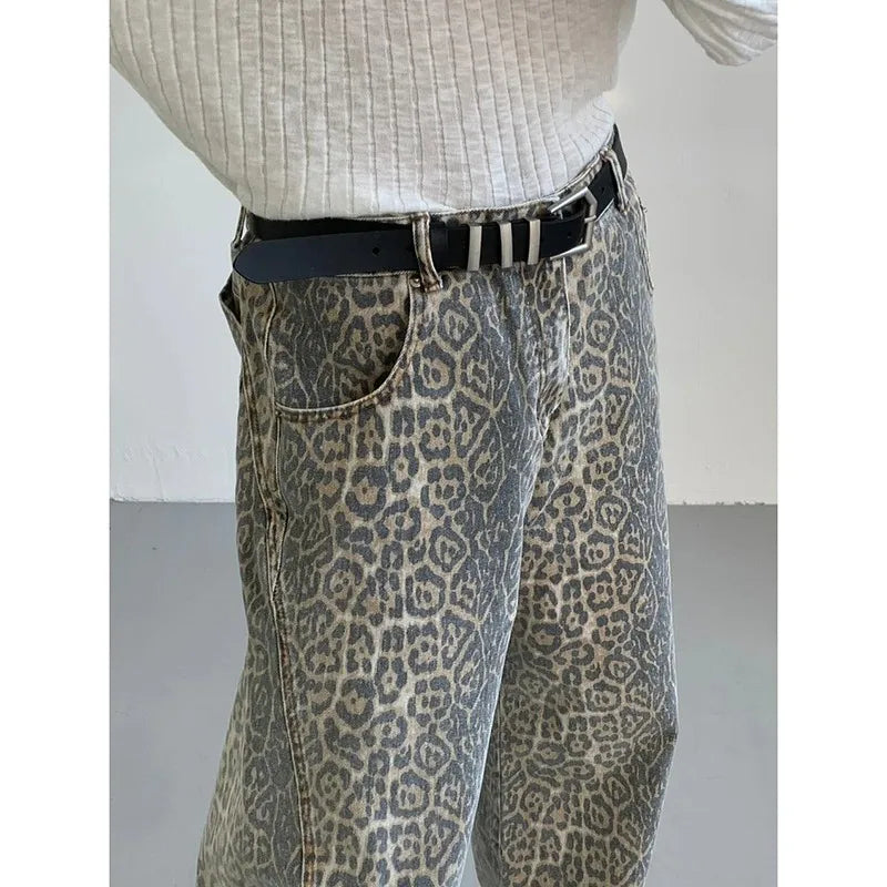 Jeans Leopard High Waist Hip Hop Straight Pants Streetwear Harajuku Y2K Style Wide Leg Denim Trousers