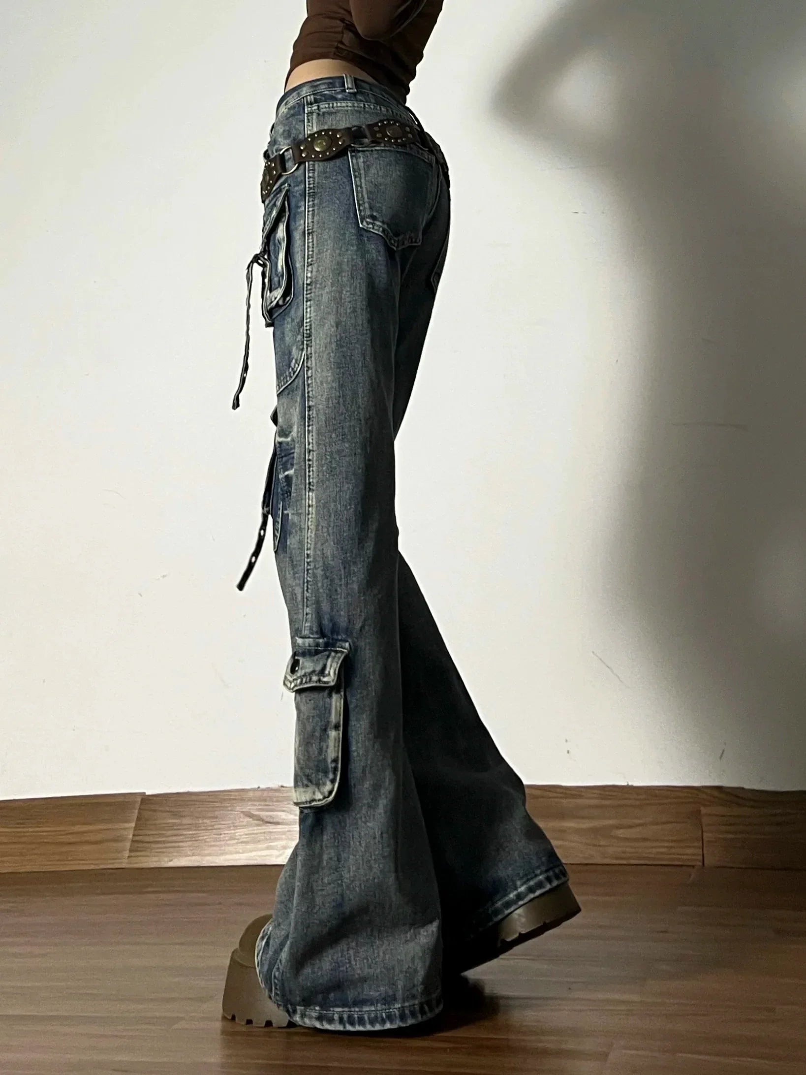 American Vintage Street Style Y2K Jeans High-street Multi-pocket Cargo Flared Floor-grazing Jeans Casual Punk Long Pants