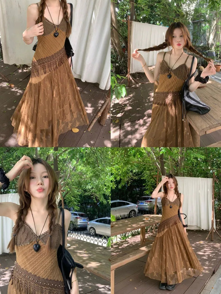 Korean style Ethnic Irgular Spaghettic Strap Fairy Boho Hippie Dress Tassel Mesh Stitching Spice Beach Slim Dress