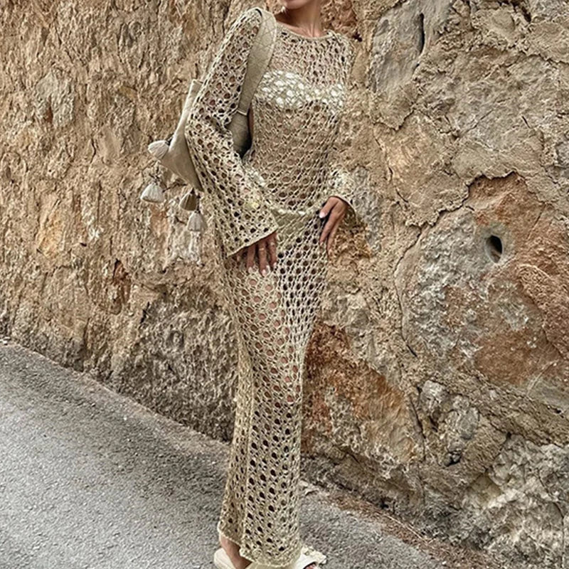 Round Collar Long Sleeve Wrap Dress Knitting Hollow Out Beachwear Cover Up Holiday Beach Elegant Long Dress