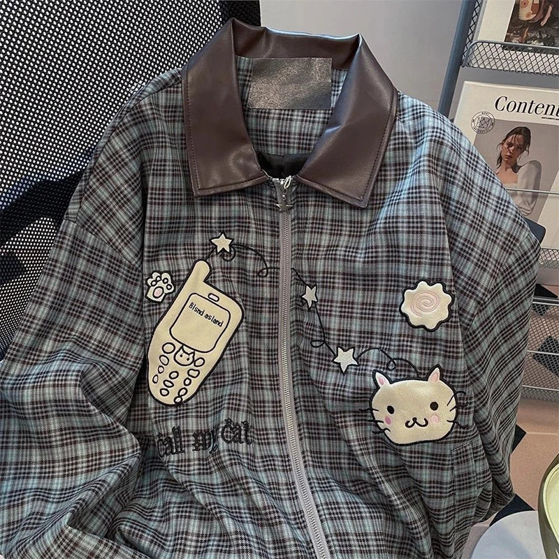 American Sweet Plaid Patchwork Jacket Long Sleeve Fall Zip Loose Coat Harajuku Y2K Casual Lazy Kawaii Street Top