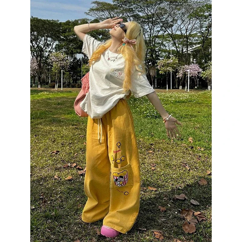 Y2K Cargo Pants Oversized Embroidery Sweatpants Harajuku High Waist Wide Leg Joggers Streetwear Korean Baggy Trousers New