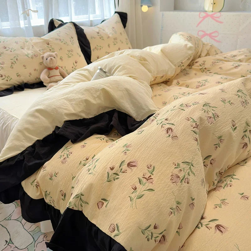 1.5/1.8 Korean Style 100% Cotton Fitted Sheet Sets with Lace Flower Print Bedding Set