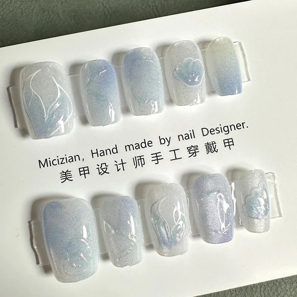 10Pcs Wearable Cat Eyes Series Short Square Press On Nails Kawaii Cartoon Cat Rabbit Rhinestone Gradients Full Cover False Nails