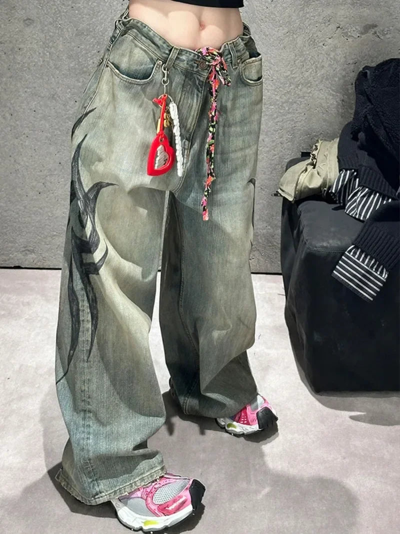American Gothic Print Blue Wash Jeans Y2K Retro Hip Hop Loose Casual Street High Waist Straight Jeans