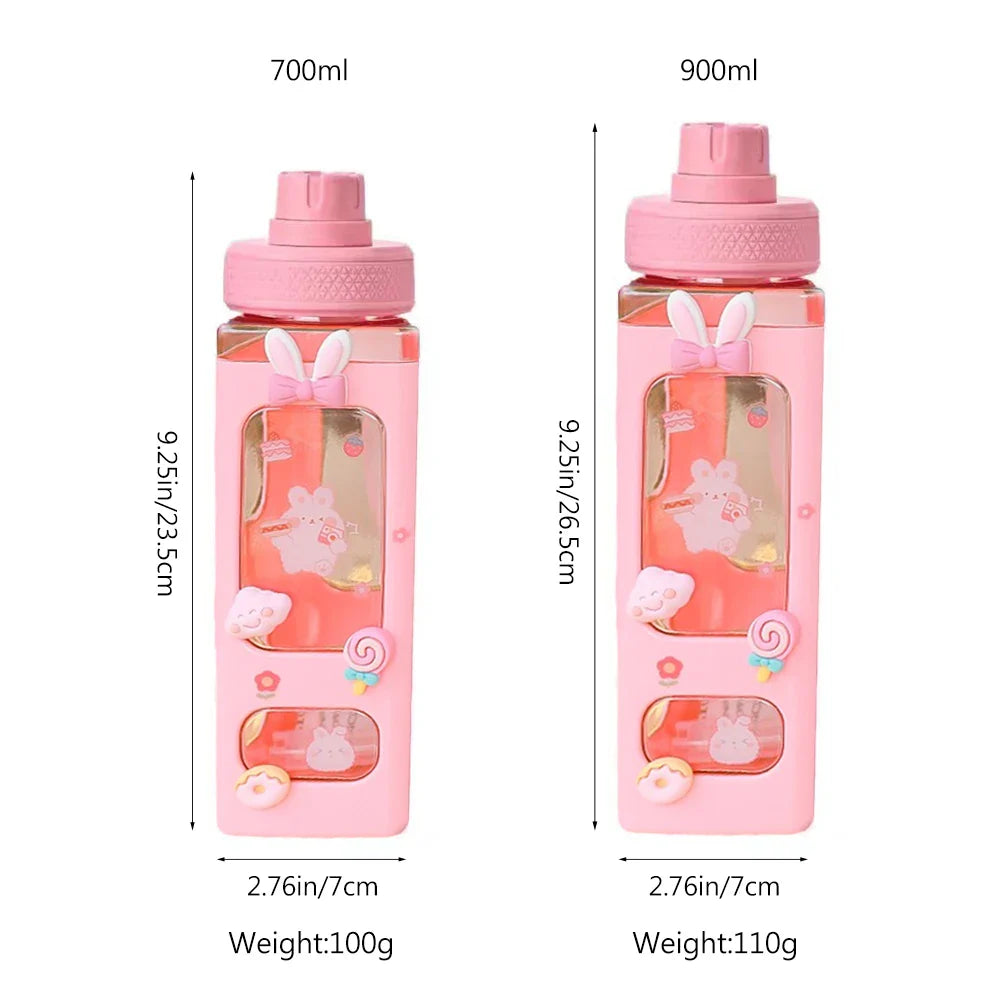 700ml/900ml Kawaii Shaker Water Bottle With Straw Sticker Cute BPA Free Plastic Tea Milk Portable Gourde Drink Bottle