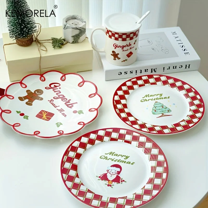 Christmas Ceramic Plate with Cups Platter Serving Tray Porcelain Dish