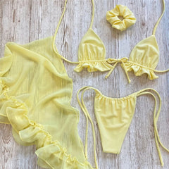 White Mesh Cover Up Swimwear String Halter 3 Piece Bikini Set Micro Thong Swimsuit Beachwear Ruffled Triangle Bikinis Mujer