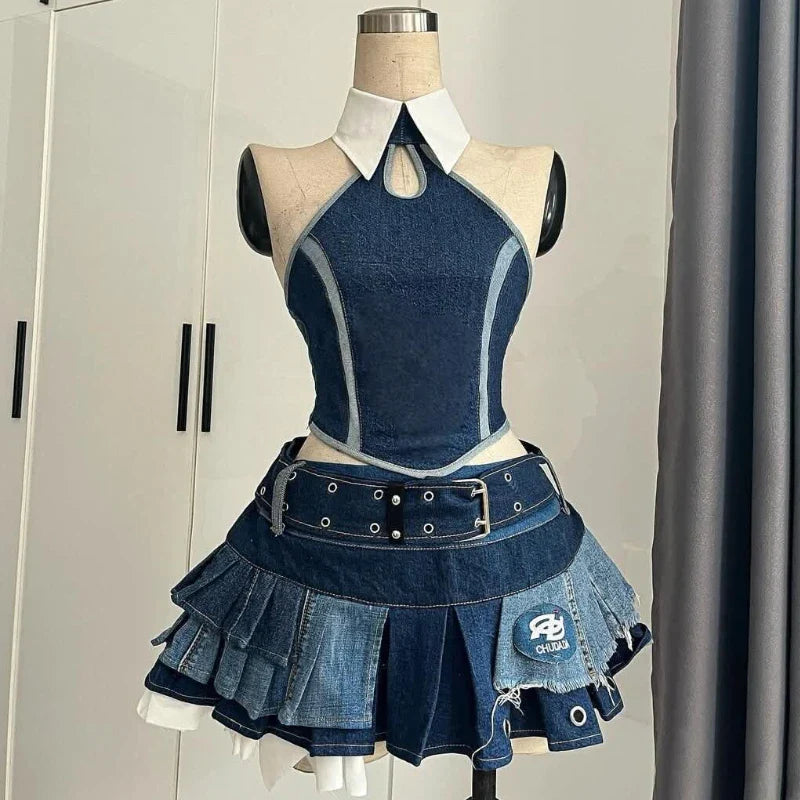 Vintage Elegant Y2K 2 Piece Sets Punk Gothic Strapless Crop Tops +High Waist Ruffle Skirt Party Outfits