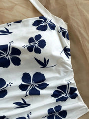 Ladies Beach Style Knitted Floral Print Halter Top Slim Fit Pleated Waist Youthful Vacation Top