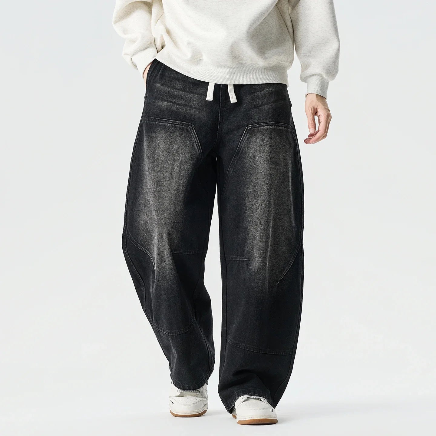 Denim Pants Vintage Elastic Waist Black Jeans Male Harajuku Hip Hop Cotton Oversize Wide Leg Trousers