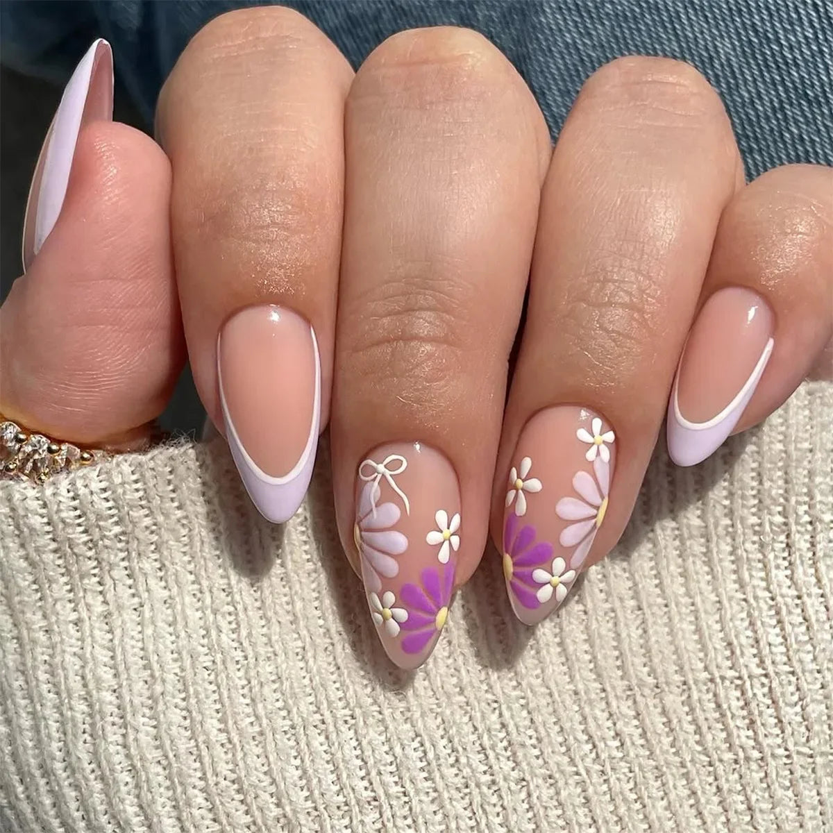 24Pcs Matte Almond False Nails with Glue Glitter Butterfly Fake Nail Press Ons Black Gradient Artificial Nail Tips