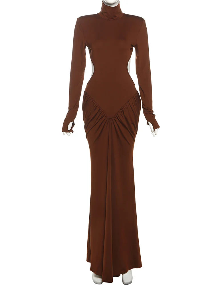 Weird Puss Backless Maxi Dress Shoulder Pads Long Sleeve Waistless Peach Buttocks Ruched Elegant Banquet Skinny Vestidos