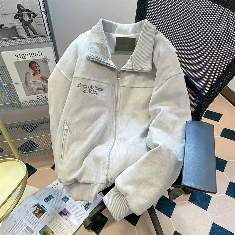 Letter Embroidery Baseball Jacket Y2K American Loose Streetwear Casual Coats Bf Plush Thick Warm Zipper Outerwear