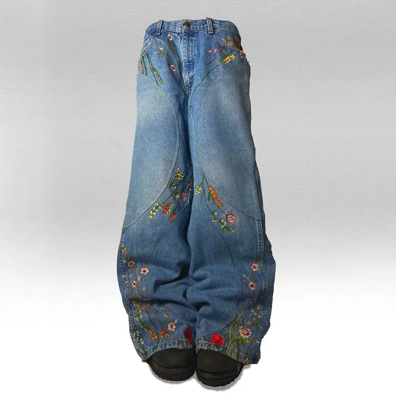 Y2K Baggy Jeans splicing Floral Seams embroidered jeans Gothic Hip Hop Harajuku Casual wide leg Jeans