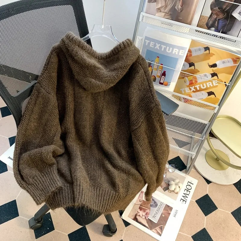 Pullovers Hooded Plus Velvet Thickening Button Design Tender Knitted Sweater All-match Casual Students Chic