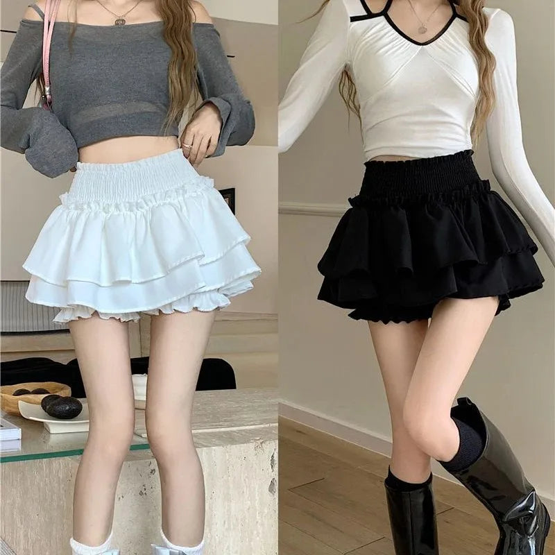Mini Skirt Cute Balletcore Elastic High Waist Ball Gown Ruffle Patchwork Lolita Skirt Short Korean Sweet Y2K Clothing