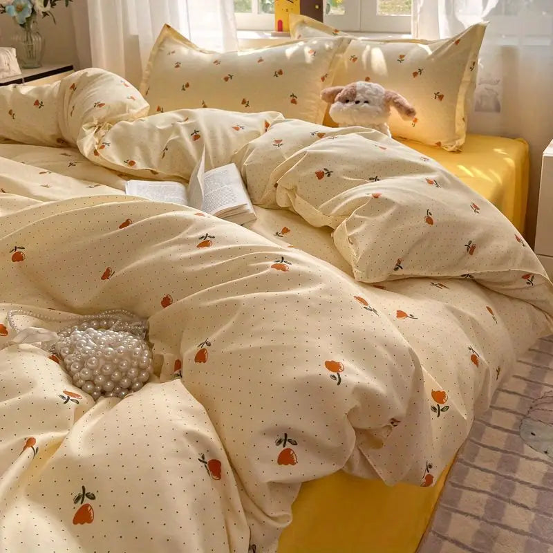 Floral Duvet Cover Set with Flat Sheet Pillowcase No Filler Girls Twin Full Queen Size Korean Soft Bedding Set
