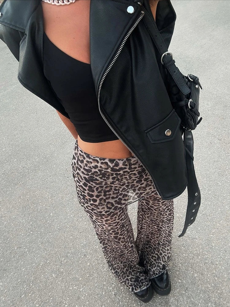Mesh Leopard Print Trousers High Waist Print Wide Leg Pants Elegant Printed Long Pants Bottoms