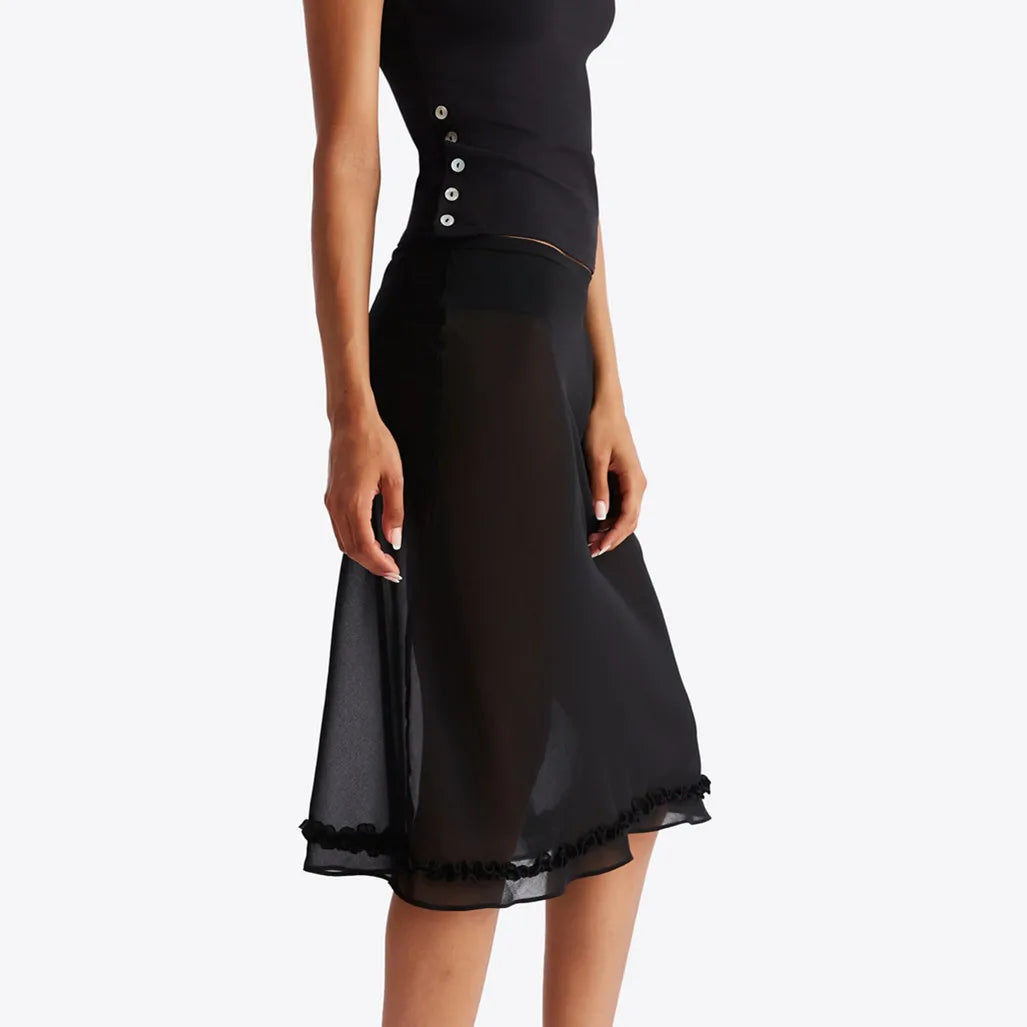 Y2k Fairy Coquette Skirts Dress Midi Skirt See Through Low Rise Ruffled Hem Dot Pattern White Black Mesh Sheer Skirt
