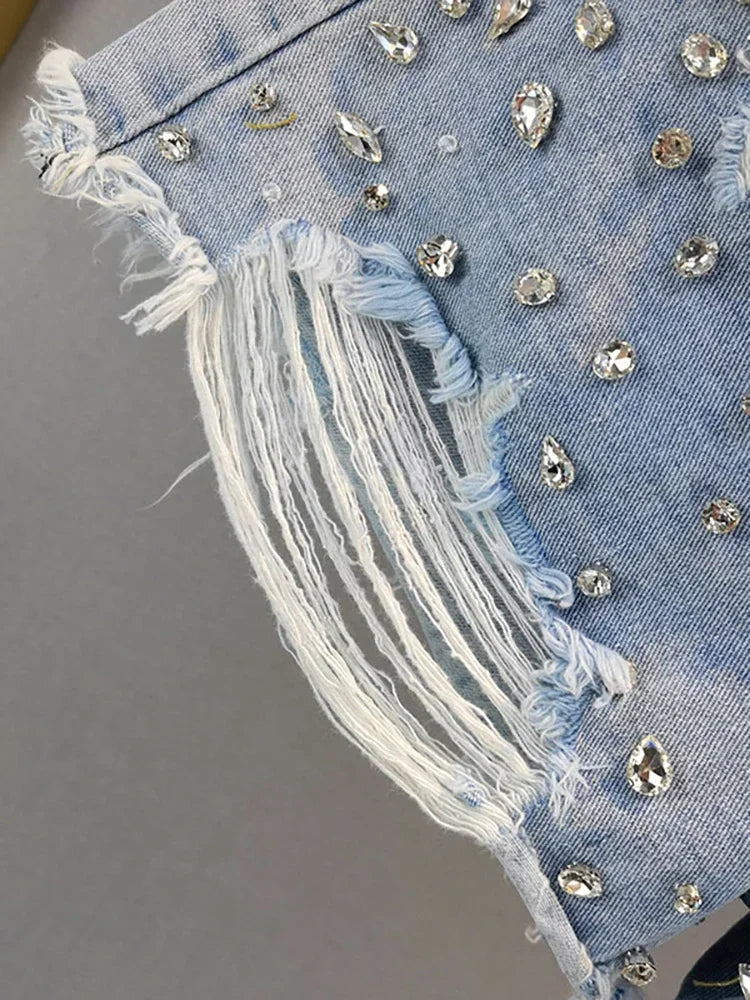 Y2K Distressed Diamond Tassel Blue Short Jeans Ripped Loose Wide Leg Denim Shorts Korean Casual Shorts