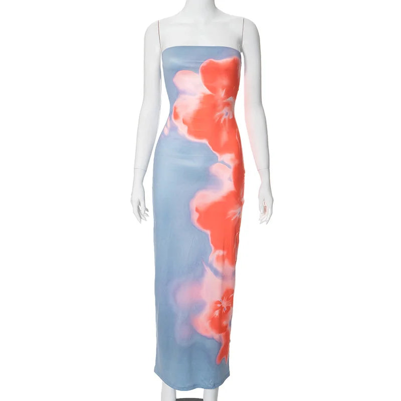 Strapless Print Tube Maxi Dress Off Shoulder Backless Stretch Long Sundress Beach Y2K Clothes