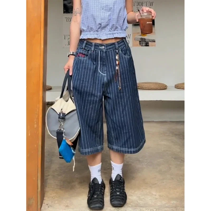 Harajuku Y2k Light Blue Calf Length Cargo Jeans Baggy Denim Trousers Japanese 2000s Oversize Jean Pants Vintage Clothes