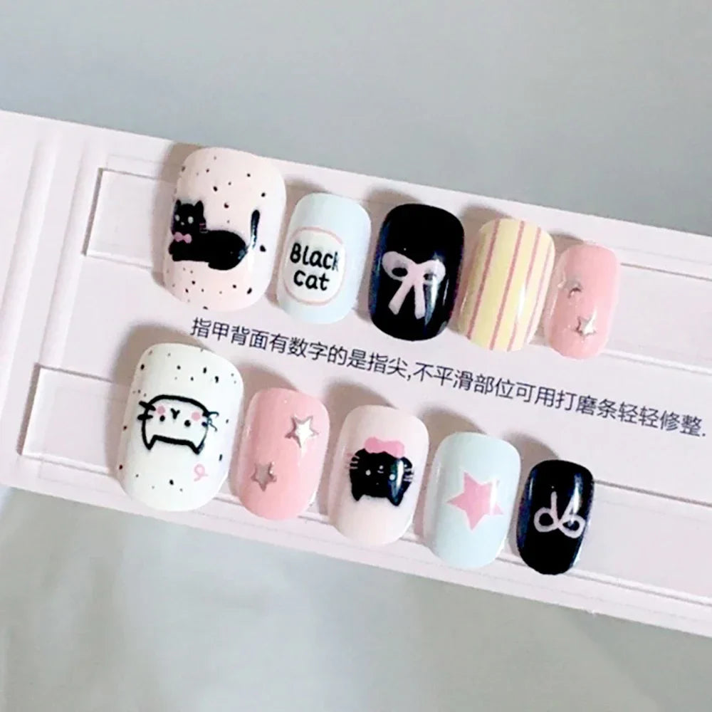 10Pcs Wearable Cat Eyes Series Short Square Press On Nails Kawaii Cartoon Cat Rabbit Rhinestone Gradients Full Cover False Nails