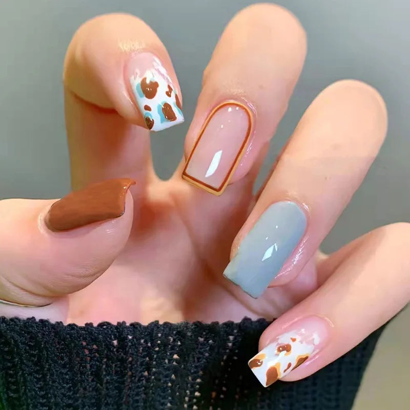 24Pcs Long Coffin Leopard Print False Nails with Glue Sweet Cool Diamond Fake Nail Set Floral French Press on Wearable Nail Tips
