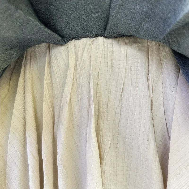 Retro Spliced Denim Pleated Skirt