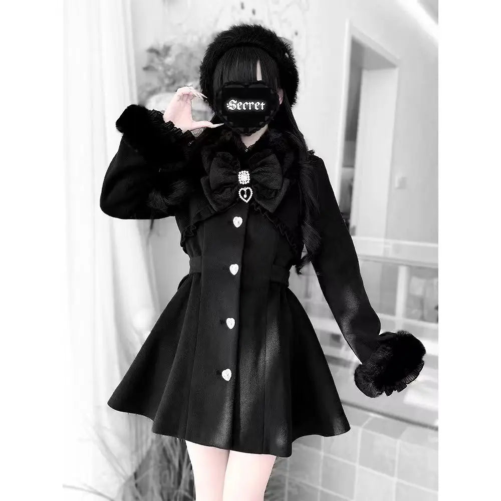 Design Elegant Pink Slim Woolen Cloth Coat Kawaii Sweet Warm Fur Collar Bow Lace Patchwork Casual Overcoat