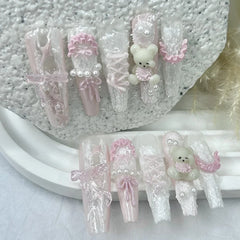 10PCS Cute Pink Blue Lolita French Lace Handmade Press On Nails 3D Teddy Bear Bow Pearl Fake Nails Sweet Elegant Long Nail Art