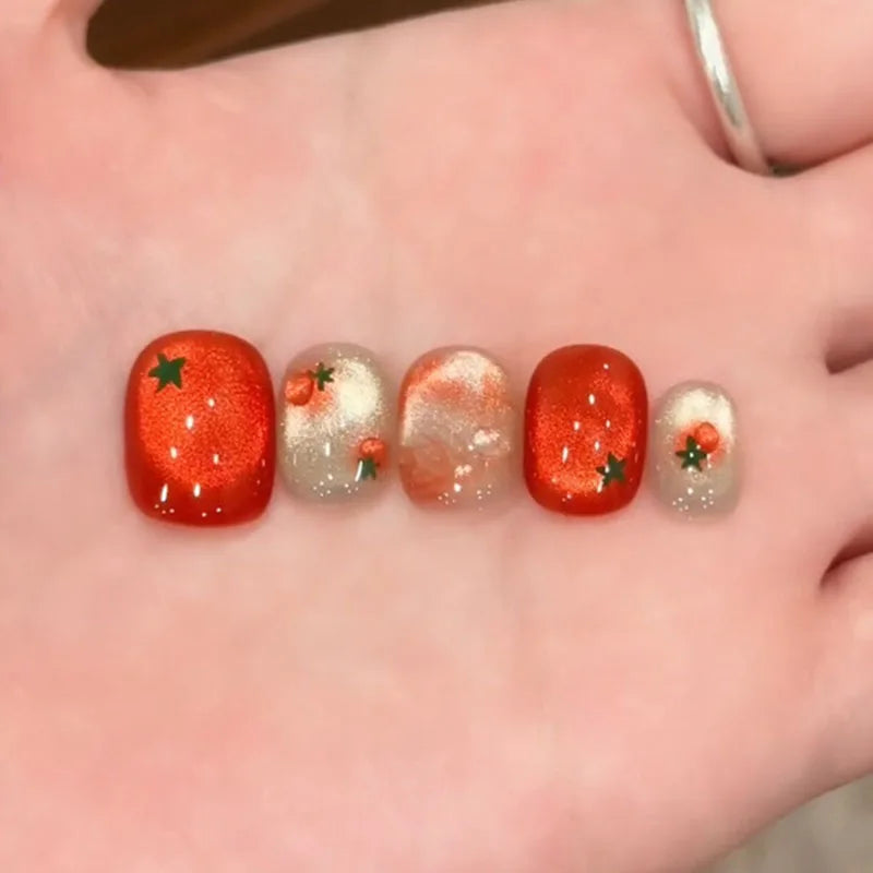 10pcs Festive Red Oval Short Press-On Nails with Cute Tomato Design Glossy Finish Holiday Nail Art Set